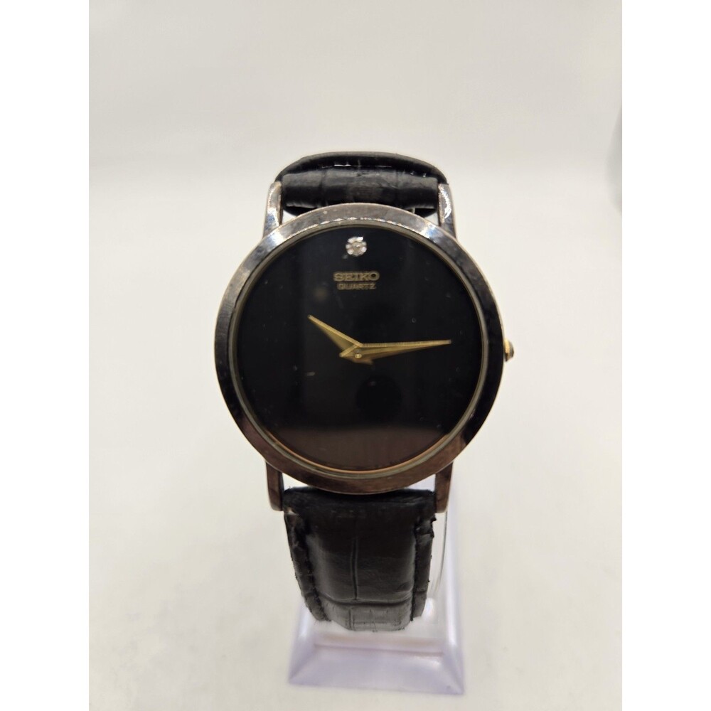 Vintage SEIKO Diamond Ultra Slim Watch Unisex Quartz Black Leather Band